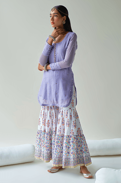 Chaand Lilac Kurta with jaal & booti block printed sharara and Dupatta- Set of 3 RTS - Indiakreations