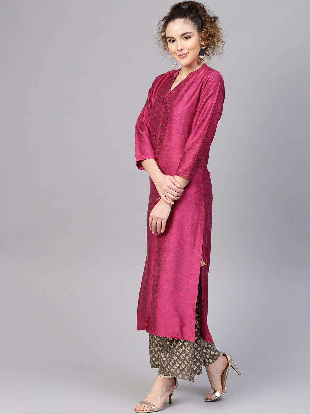 Magenta & Grey Panelled A-Line Handloom Kurta with Palazzos - Indiakreations