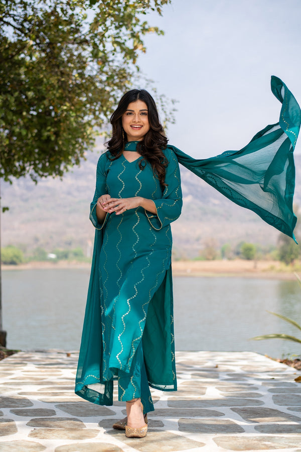 Women's Teal Green Sequin Kurta Set - Label Shaurya Sanadhya