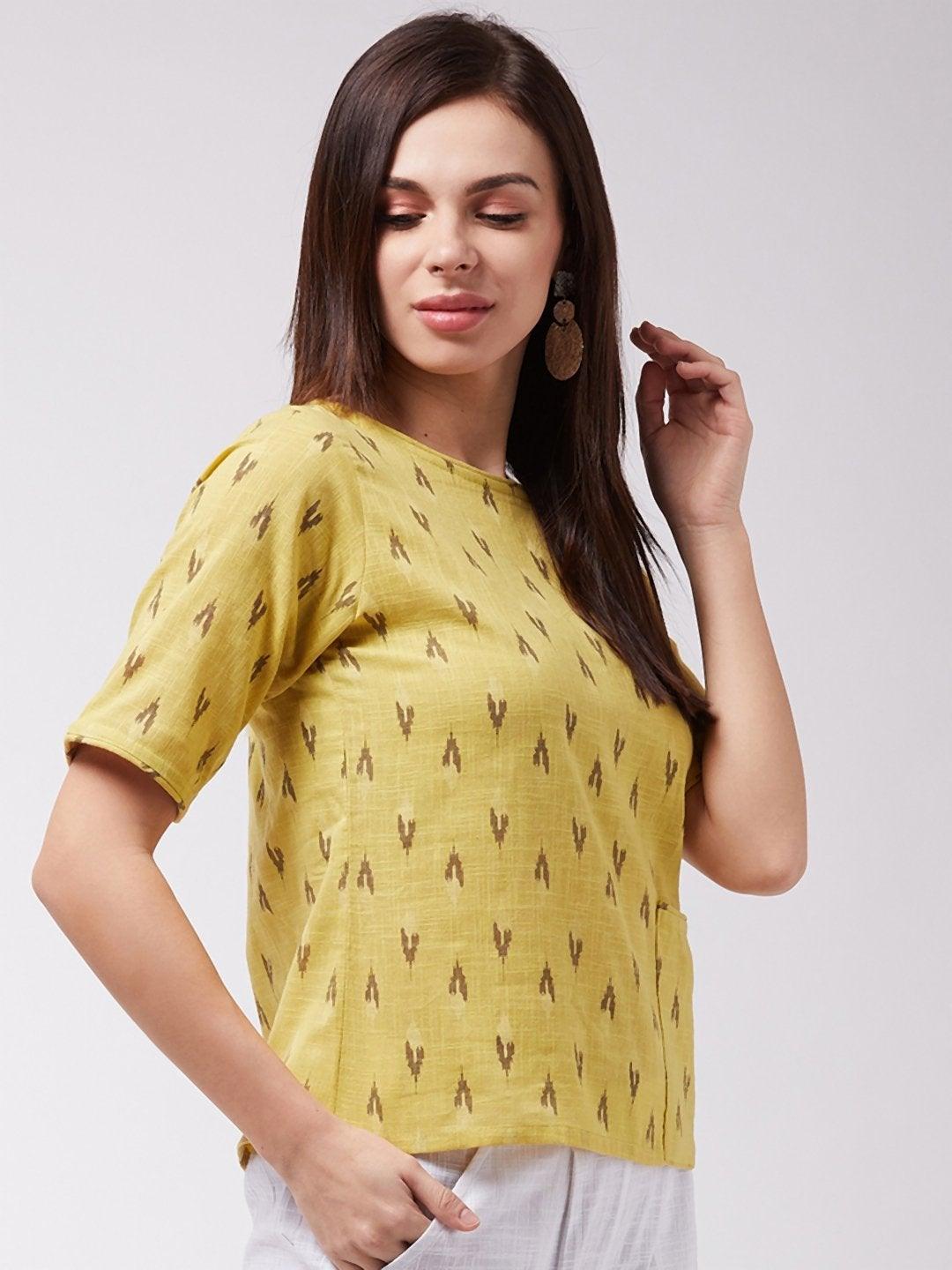 Women's Mustard Ikkat Top - InWeave - Indiakreations