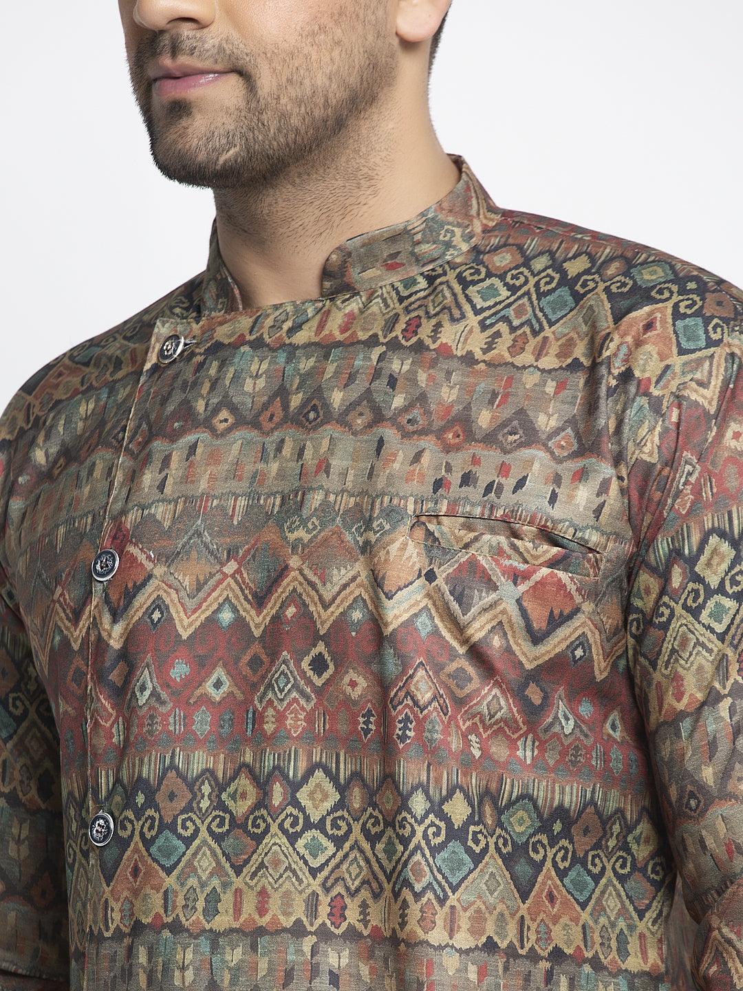 Men's Multicolored Printed Short Kurta With White Pyjama - Benstoke - Indiakreations