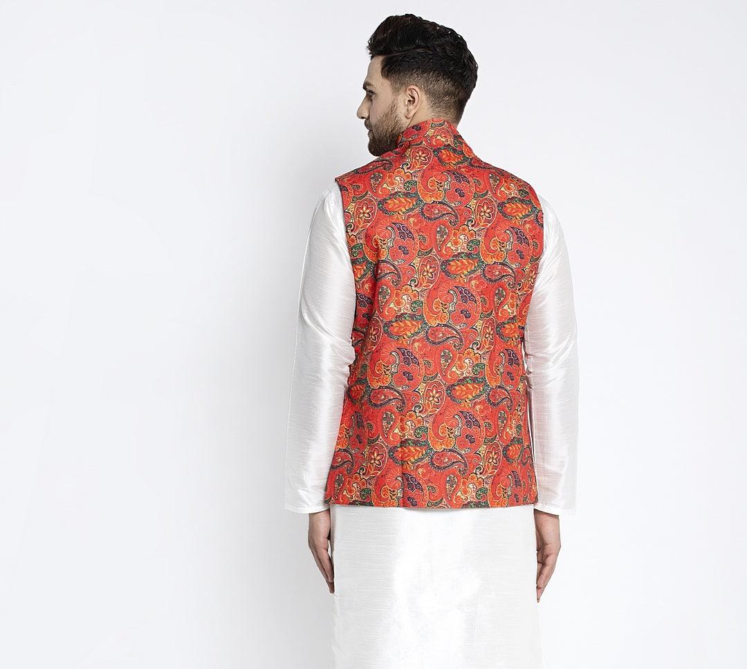 Men's Orange & Multi Printed Nehru Jacket - Benstoke - Indiakreations