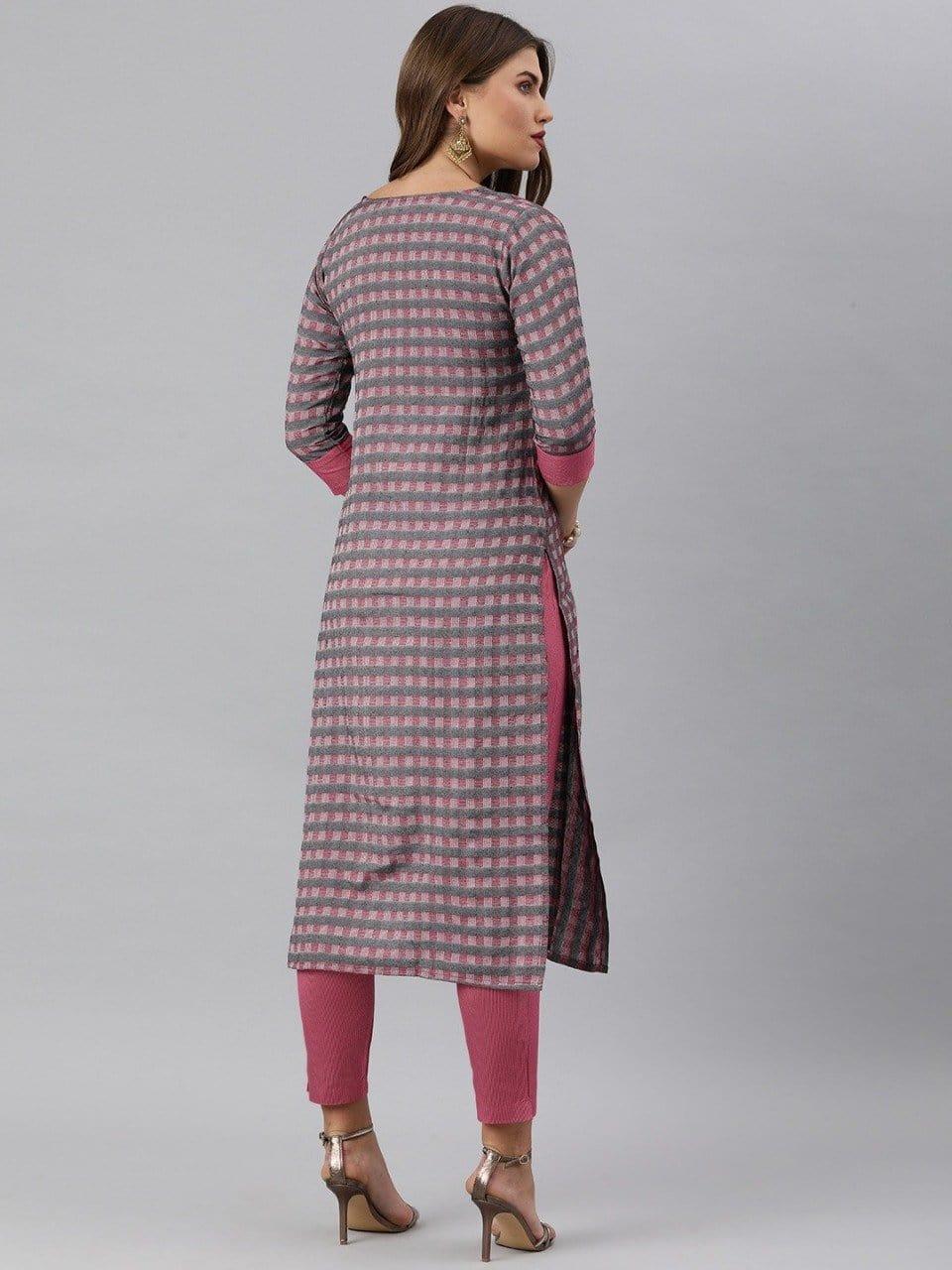 KSUT Women Grey & Pink Checked Kurta with Trousers - Indiakreations