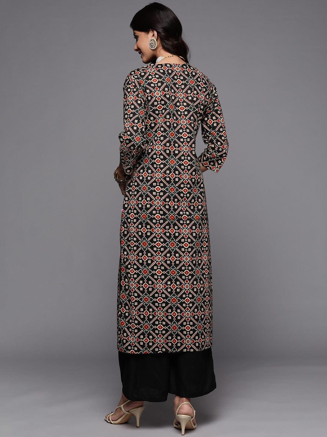 VARANGA Women Black & Gold-Toned Ethnic Motifs Printed Thread Work Indie Prints Kurta - Indiakreations