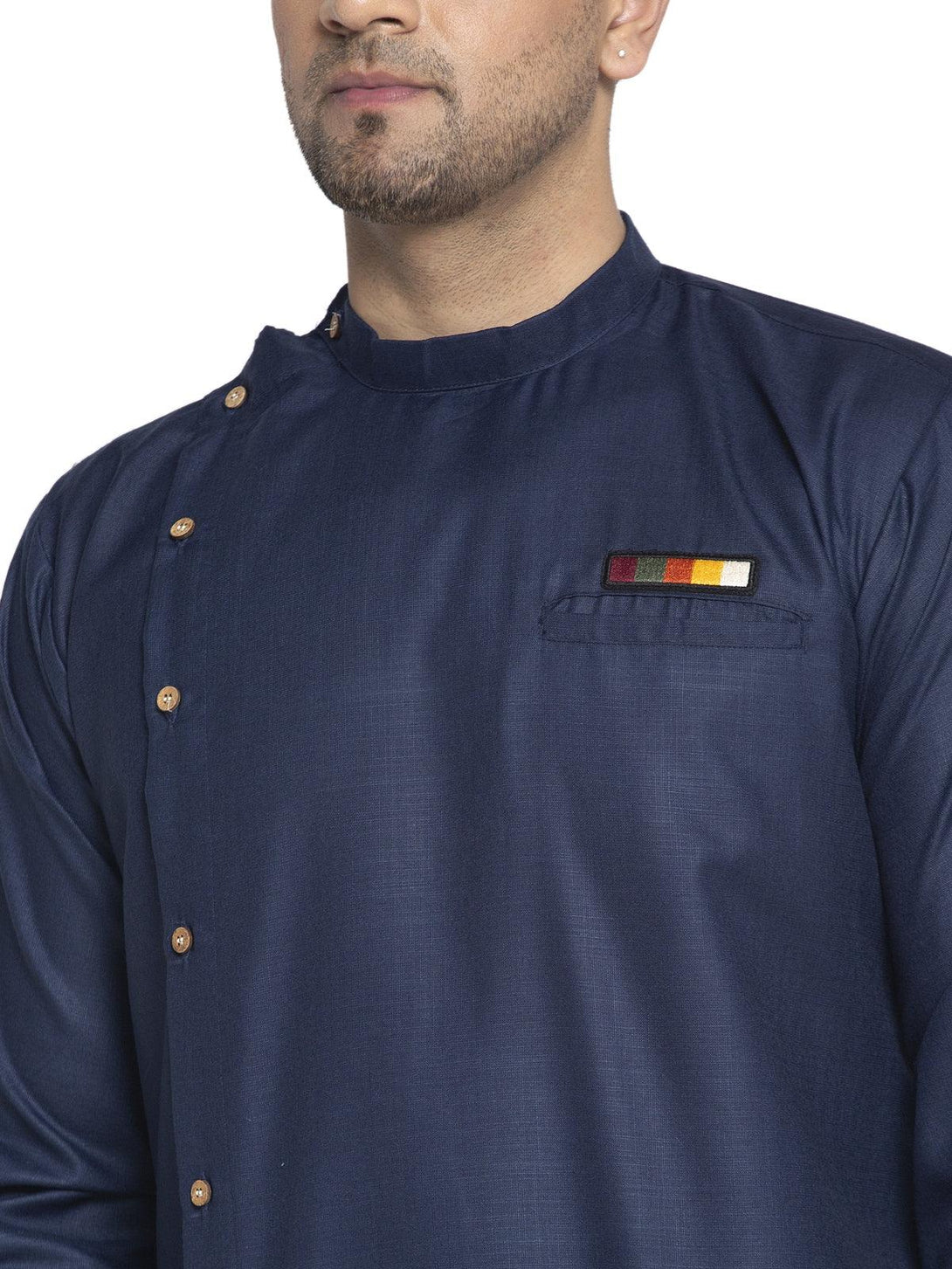 Men's Cotton Navy Blue Asymmetric Solid Kurta With White Trousers - Benstoke - Indiakreations