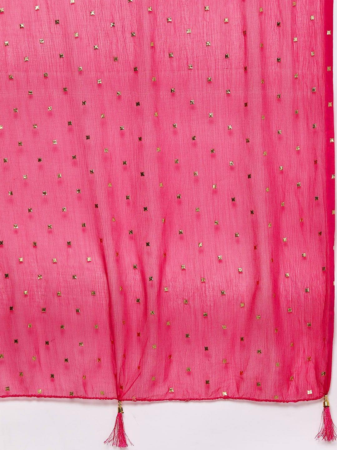 Varanga Women Pink Yoke Design Sequinned Pure Cotton Kurta with Trousers & With Dupatta - Indiakreations