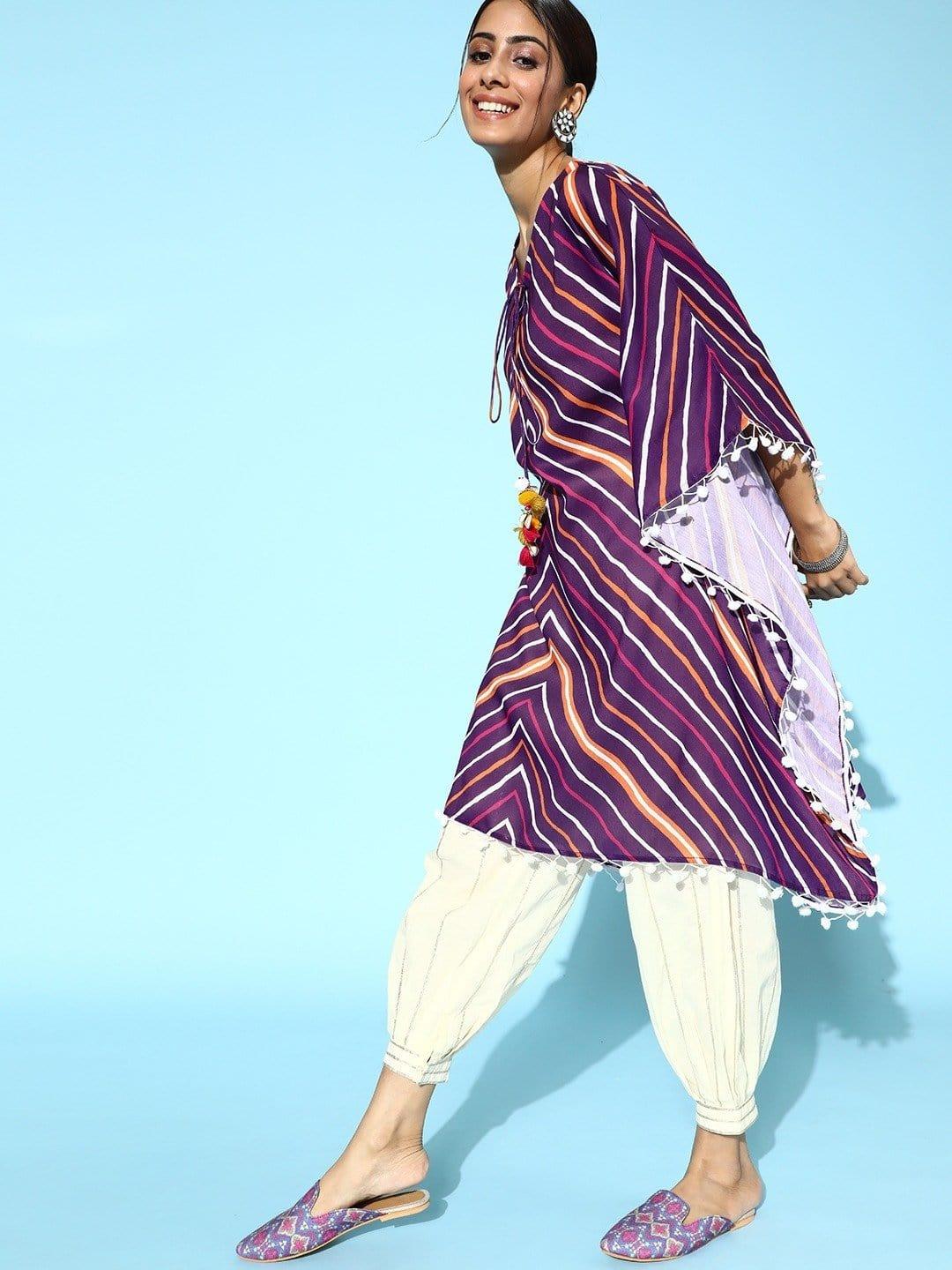 Purple Pom Pom Lace Embellished Kaftan With Gota Lace Balloon Trouser - Indiakreations