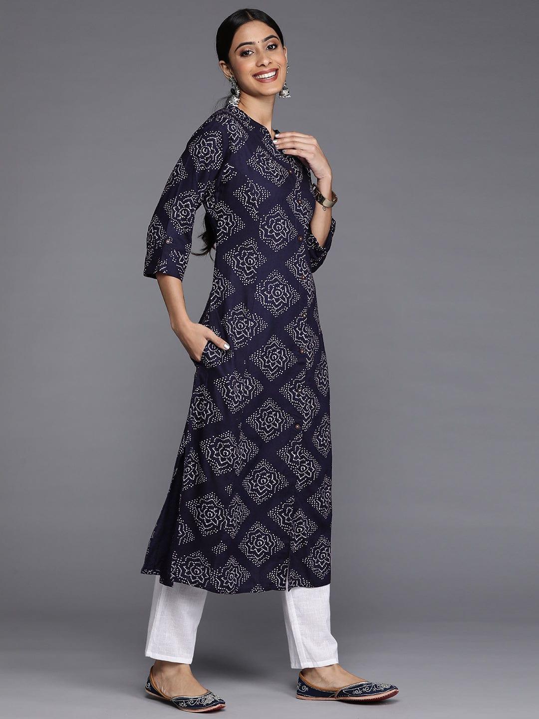 Varanga Women Navy Blue & White Ethnic Motifs Printed Indigo Kurta - Indiakreations