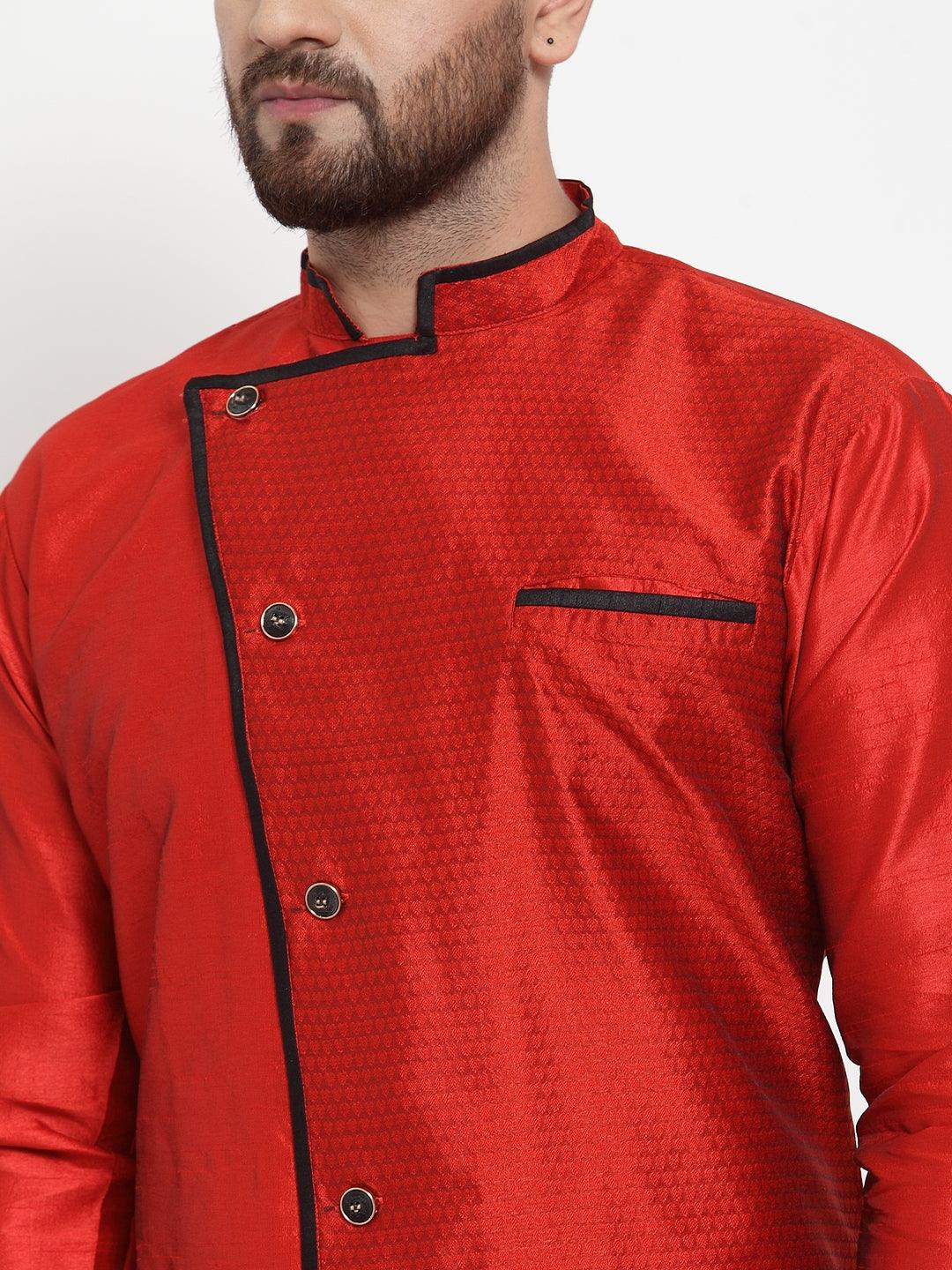 Men's Red Self Design Kurta With Black Churidaar Pyjama - Benstoke - Indiakreations