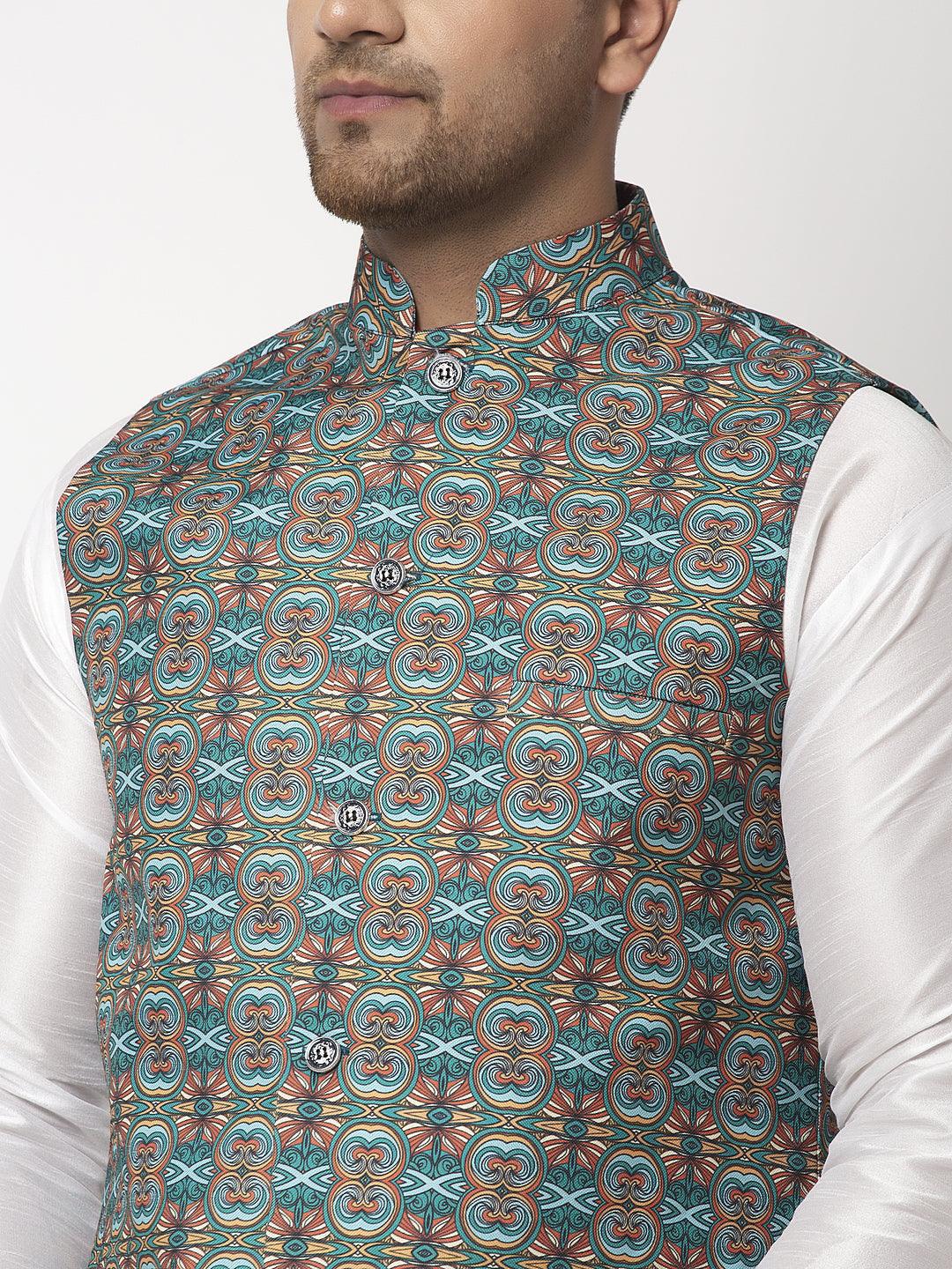 Men's Teal Blue & Multi Printed Nehru Jacket - Benstoke - Indiakreations