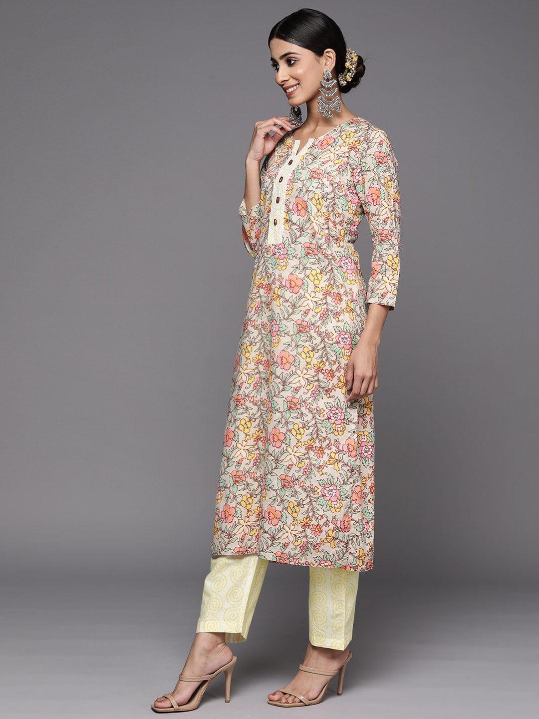 Sea Green & Mustard Yellow Printed Kurta with Trousers - Indiakreations