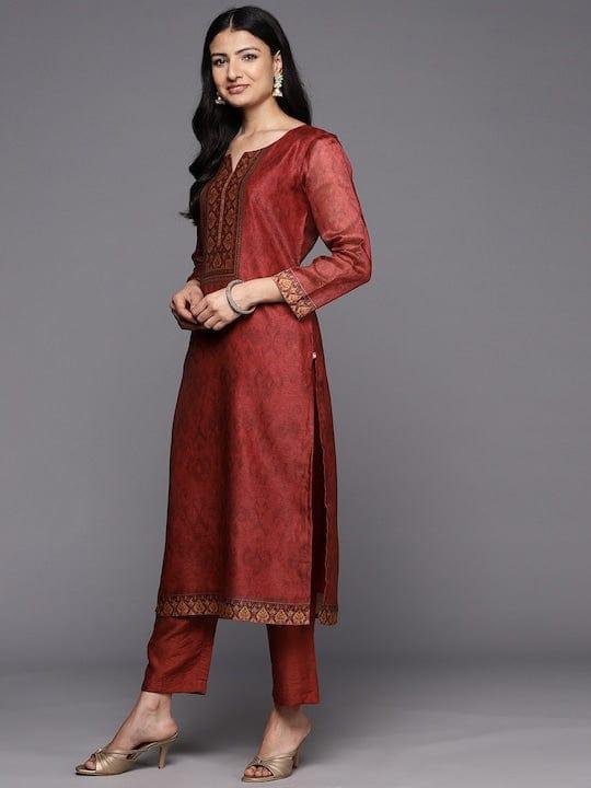 Varanga Ethnic Motifs Printed Chanderi Silk Kurta With Trousers & With Dupatta - Indiakreations