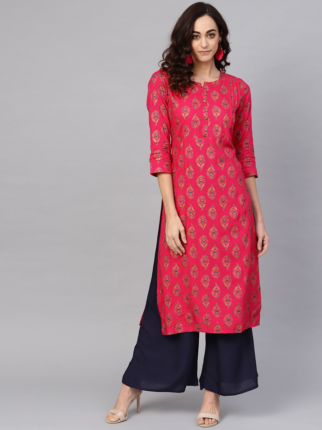 Women Pink & Navy Blue Kurta with Palazzos by Anubhutee (2pcs Set)