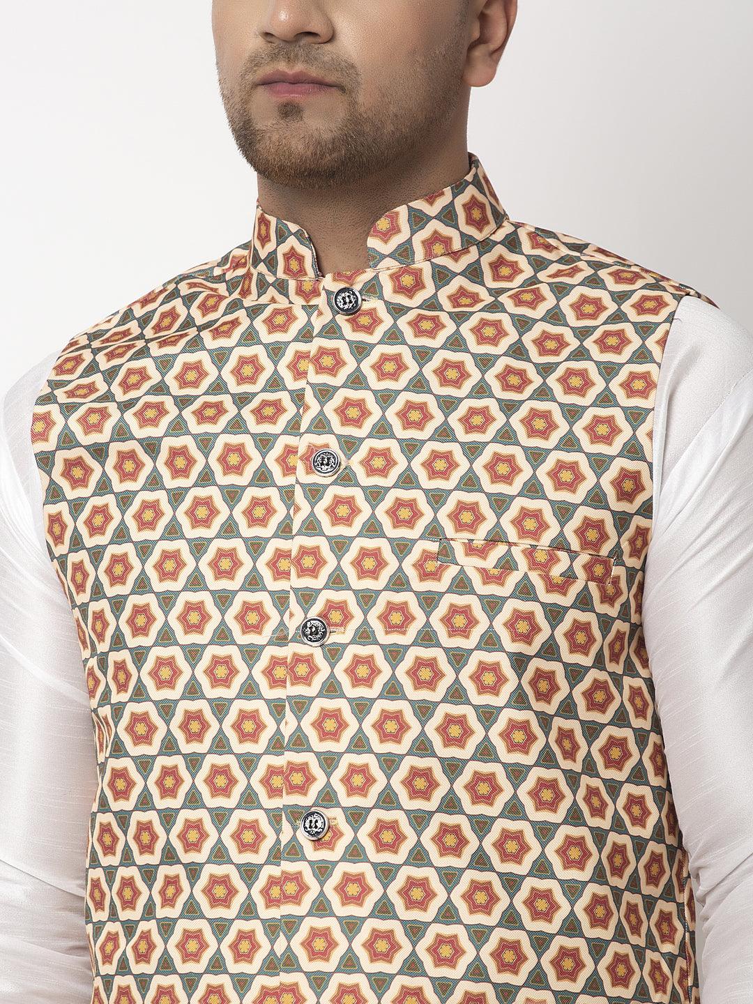 Men's Green & Beige Printed Nehru Jacket - Benstoke - Indiakreations