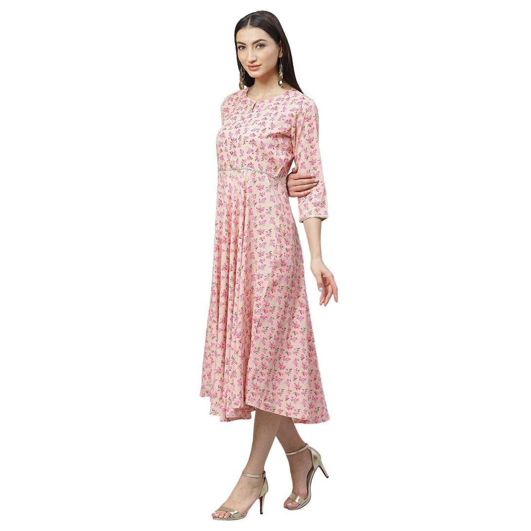 Women's Multicolor Polyster Printed 3/4 Sleeve Round Neck Casual Dress - Myshka - Indiakreations
