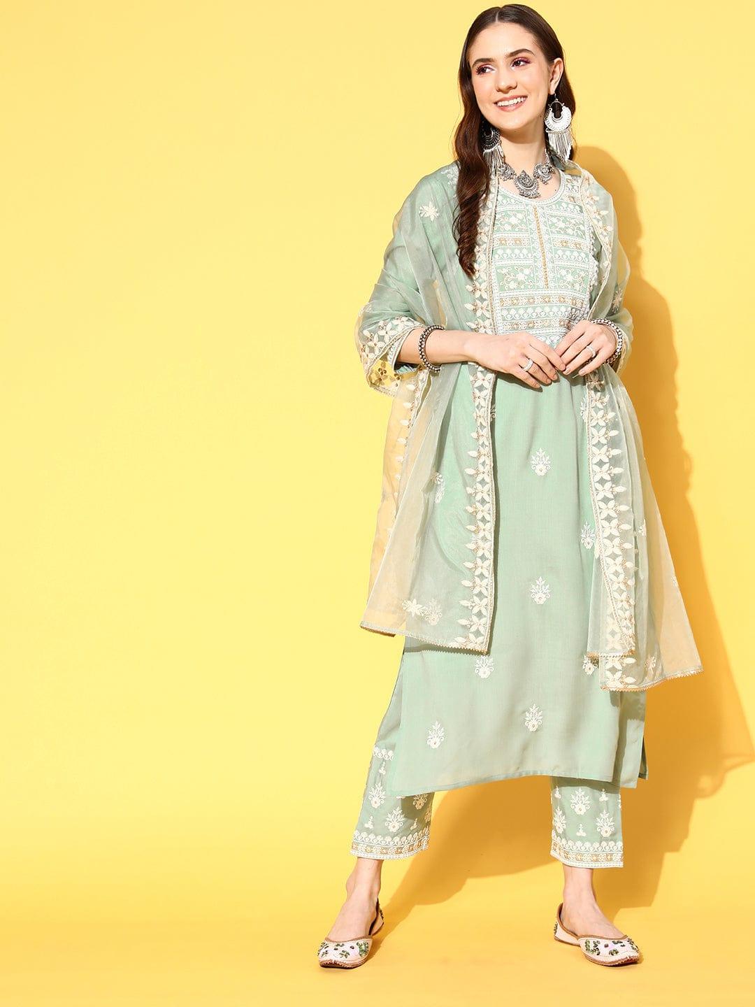 Varanga Women Ethnic Motifs Embroidered Thread Work Kurta with Trousers & With Dupatta - Indiakreations