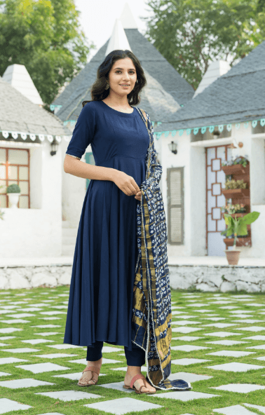 Women's Midnight Blue Kurta Set with Bandej Dupatta - Indiakreations