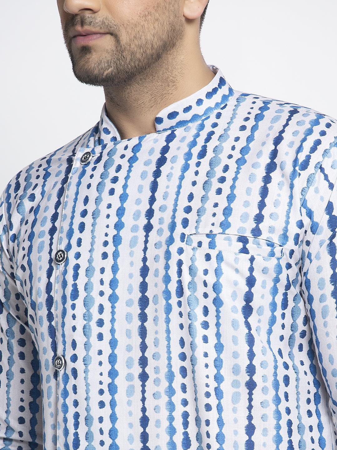 Men's Blue & White Asymmetric Printed Short Kurta - Benstoke - Indiakreations