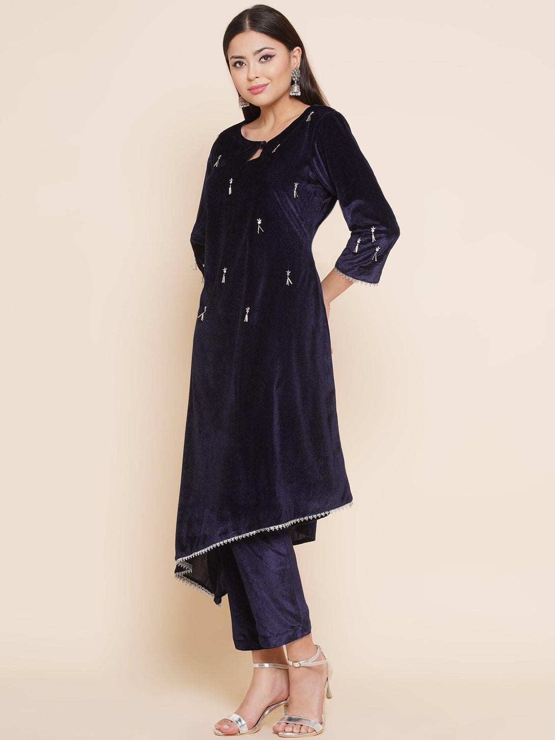 Women's Navy Blue Velvet Assymetrical Hand Embellished Kurta With Pants - Women Republic - Indiakreations