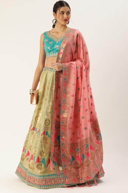 Women's Lime Green Dola Silk Jacquard Woven Work Lehenga & Blouse With Dupatta - Panchhi