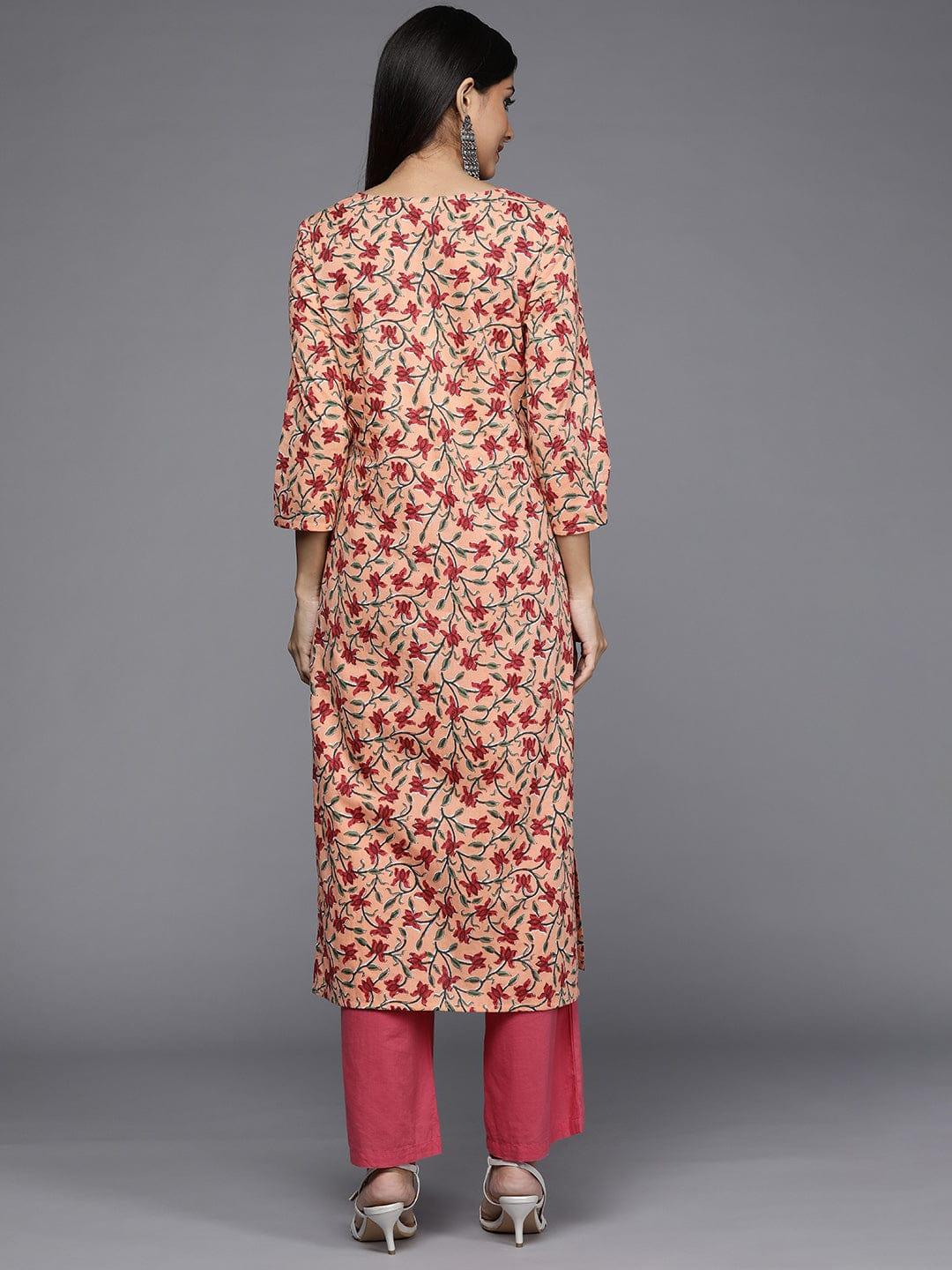 Varanga Women Peach-Coloured & Maroon Floral Printed Cotton Kurta - Indiakreations