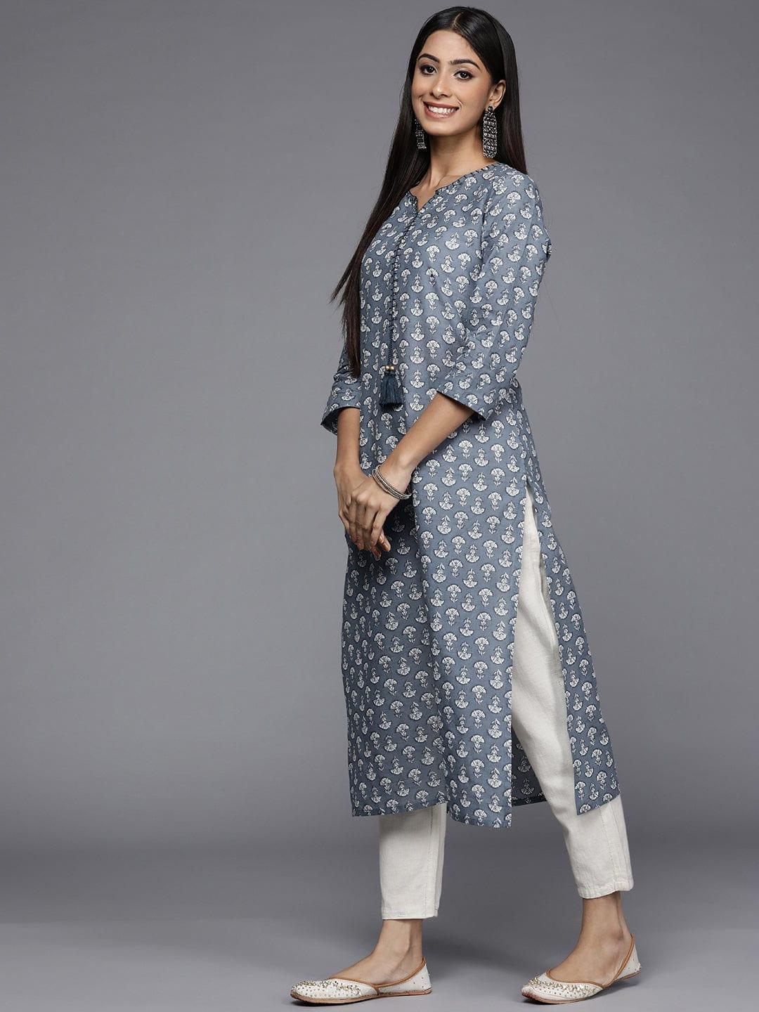 Varanga Women Grey & White Floral Printed Cotton Kurta - Indiakreations