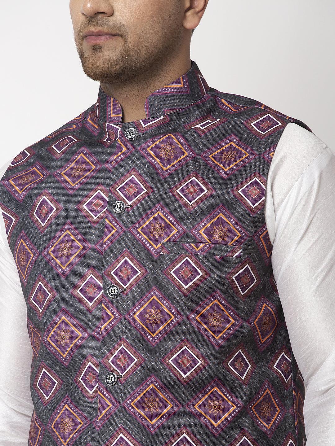 Men's Charcoal Grey & Purple Printed Nehru Jacket - Benstoke - Indiakreations