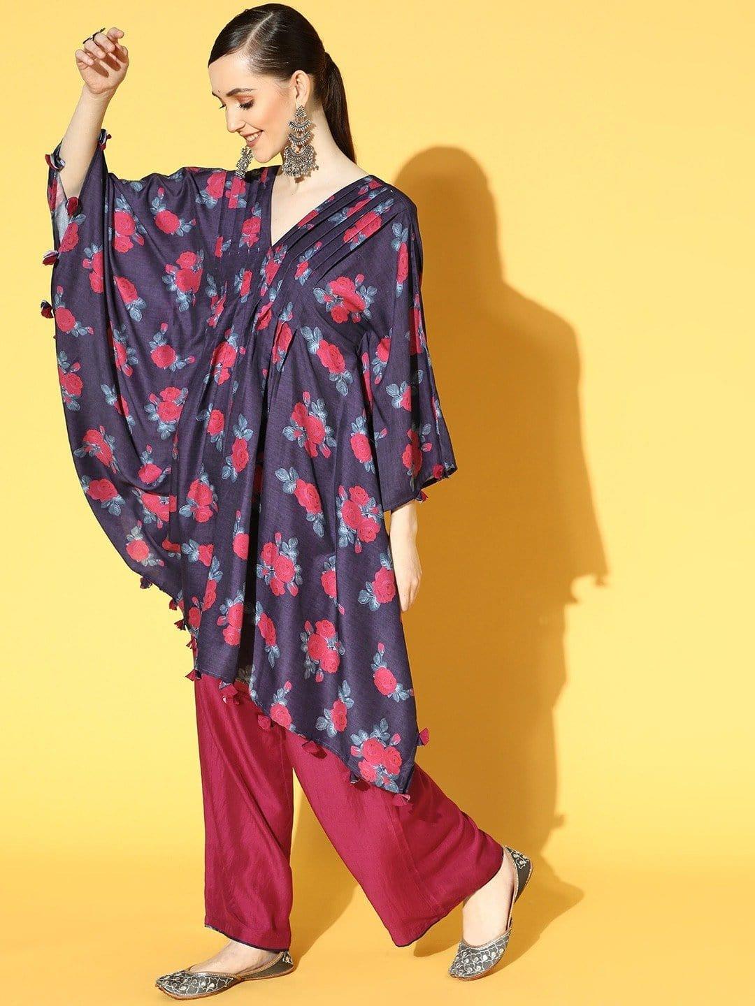 Blue Floral Printed Pleated And Tassel Embelished Kaftan With Silk Trouser - Indiakreations