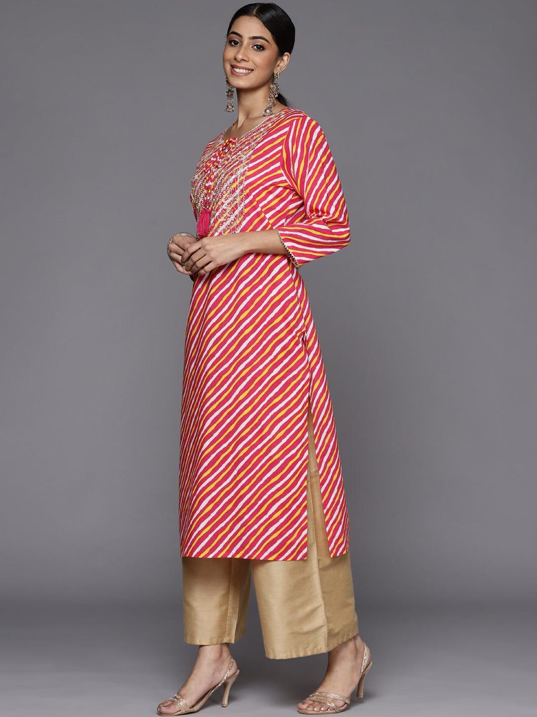 Varanga Women Pink & Yellow Leheriya Printed Gotta Patti Indie Prints Kurta - Indiakreations