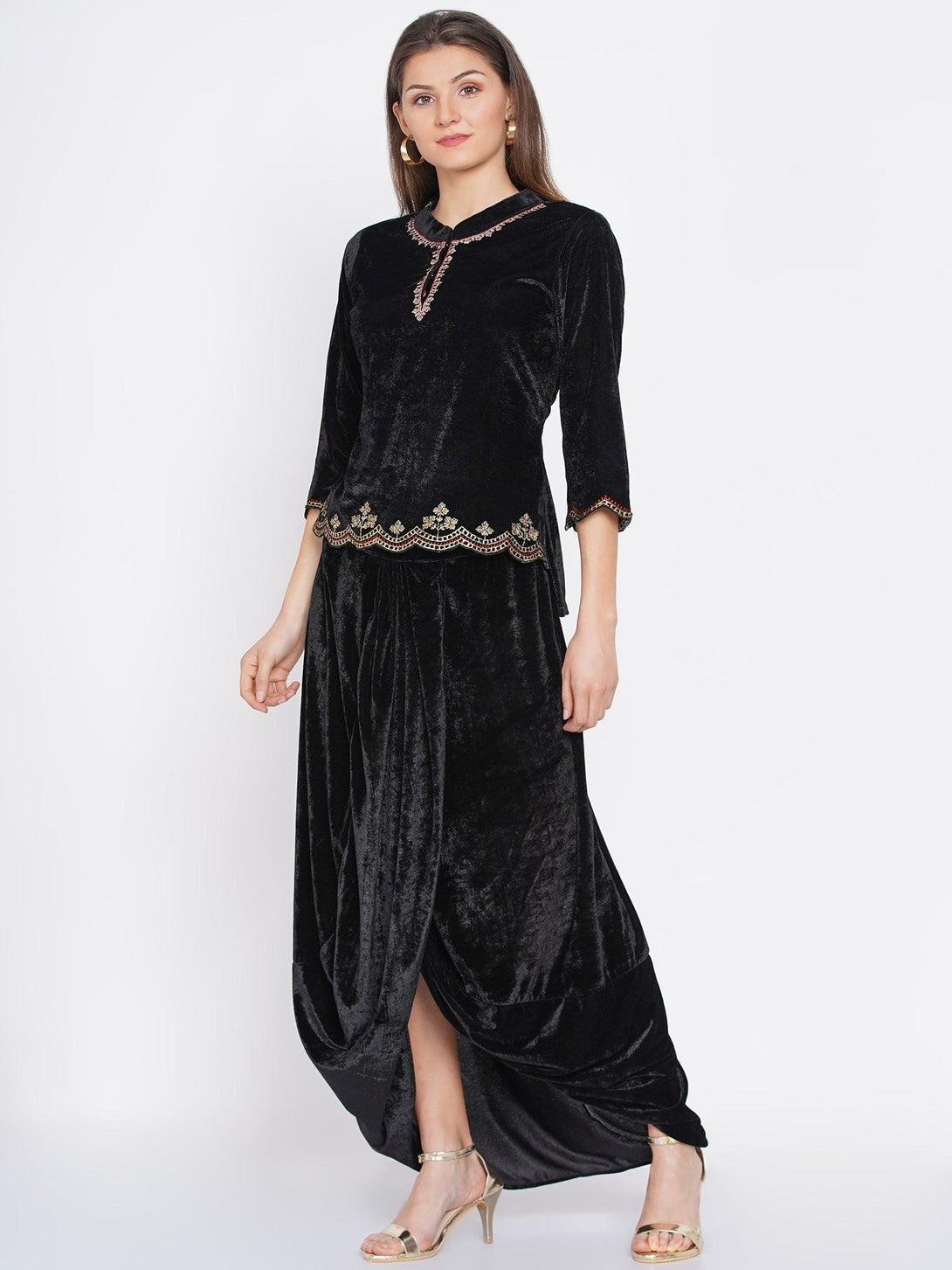 Women's Black Embroidered Velvet Kurta with Dhoti - Women Republic - Indiakreations