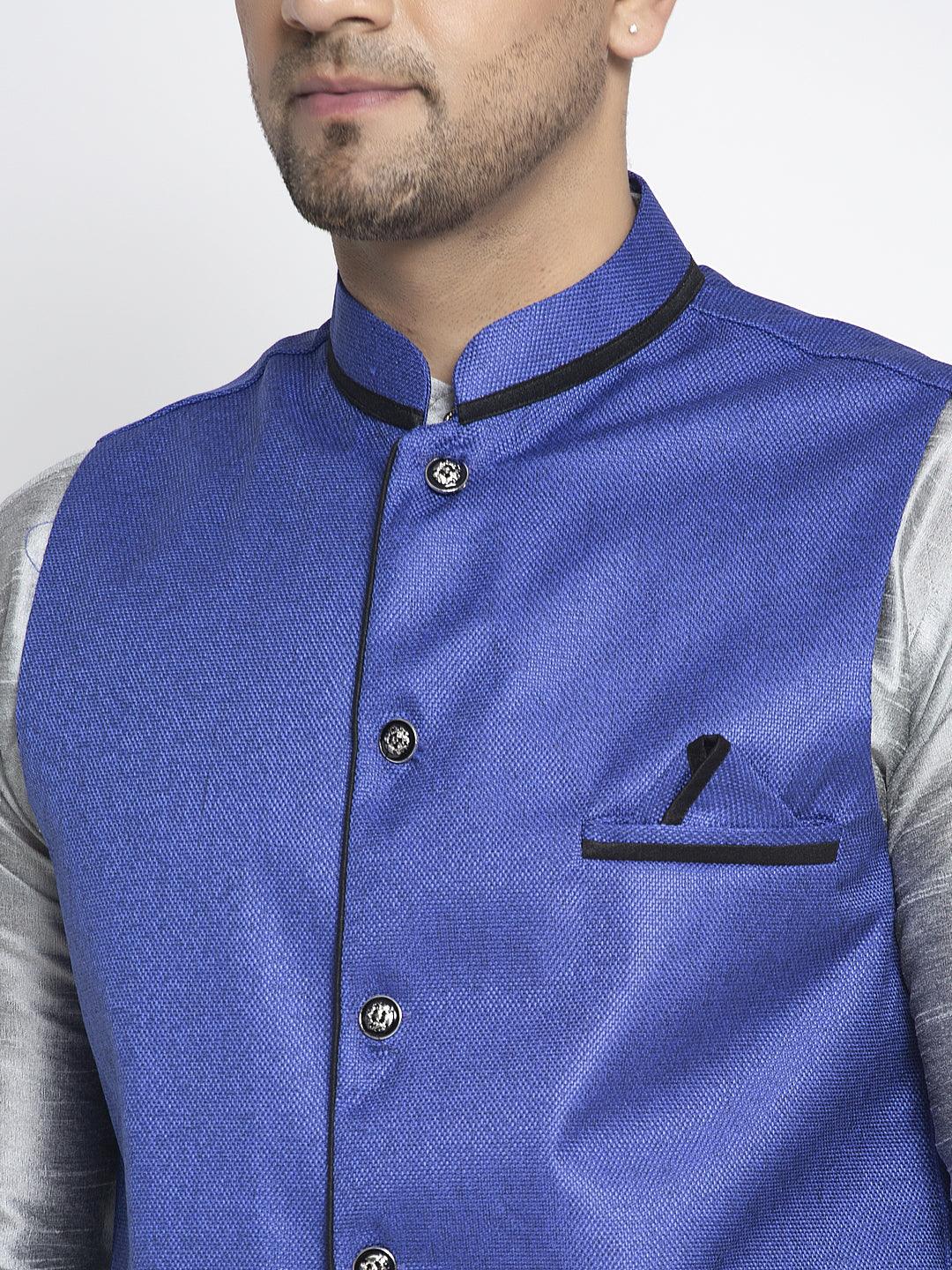 Men's Silk Blend Grey Kurta With Pyjama & Royal Blue Nehru Jacket - Benstoke - Indiakreations