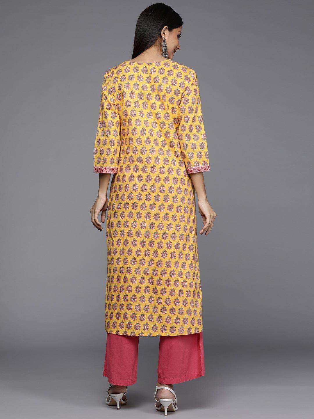 Varanga Women Yellow & Green Ethnic Motifs Printed Gotta Patti Cotton Kurta - Indiakreations