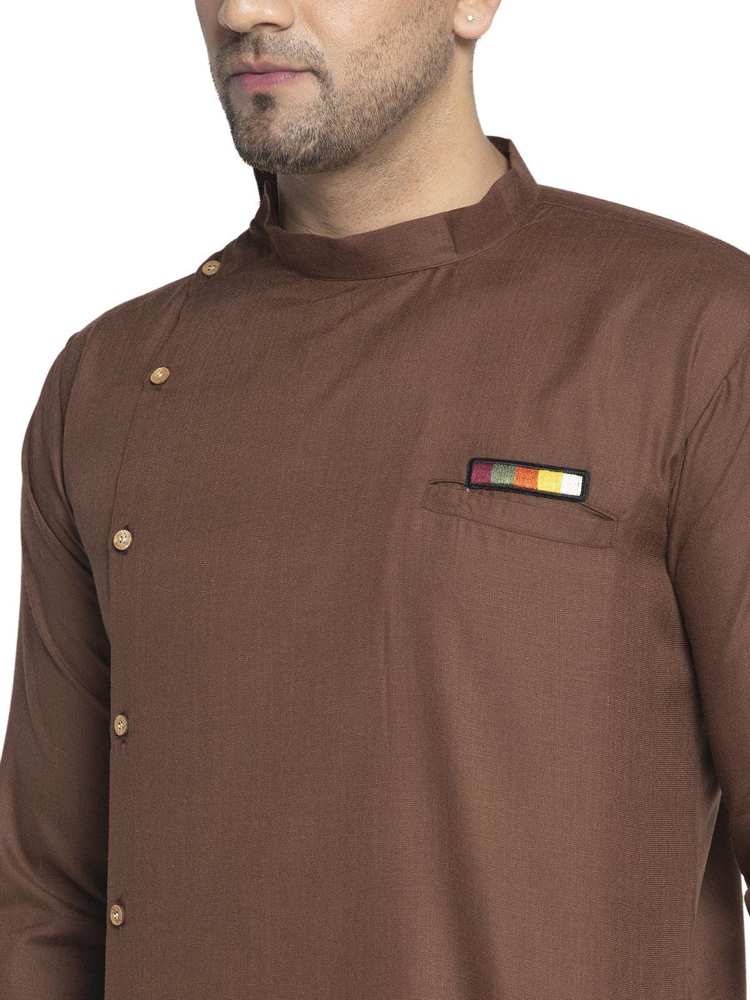 Men's Cotton Brown Asymmetric Solid Kurta With White Trousers - Benstoke - Indiakreations