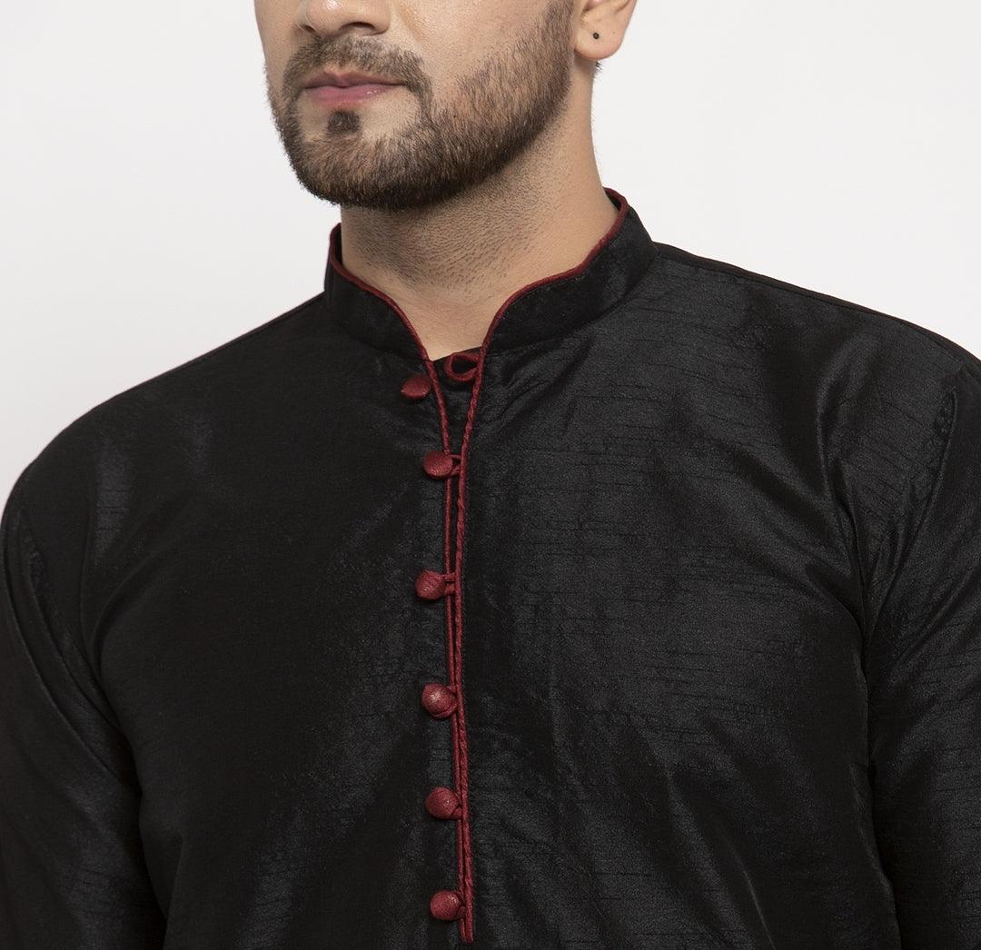 Men's Silk Blend Black Straight Long Kurta - Benstoke - Indiakreations