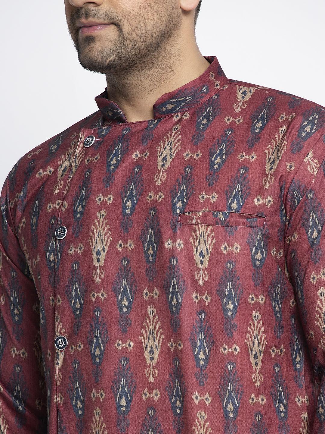 Men's Maroon & Navy Blue Asymmetric Printed Short Kurta - Benstoke - Indiakreations