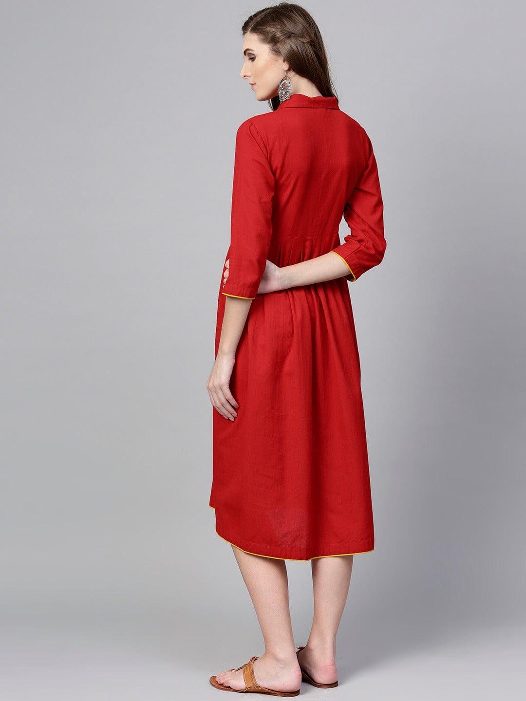 Red Solid Shirt Dress - Indiakreations