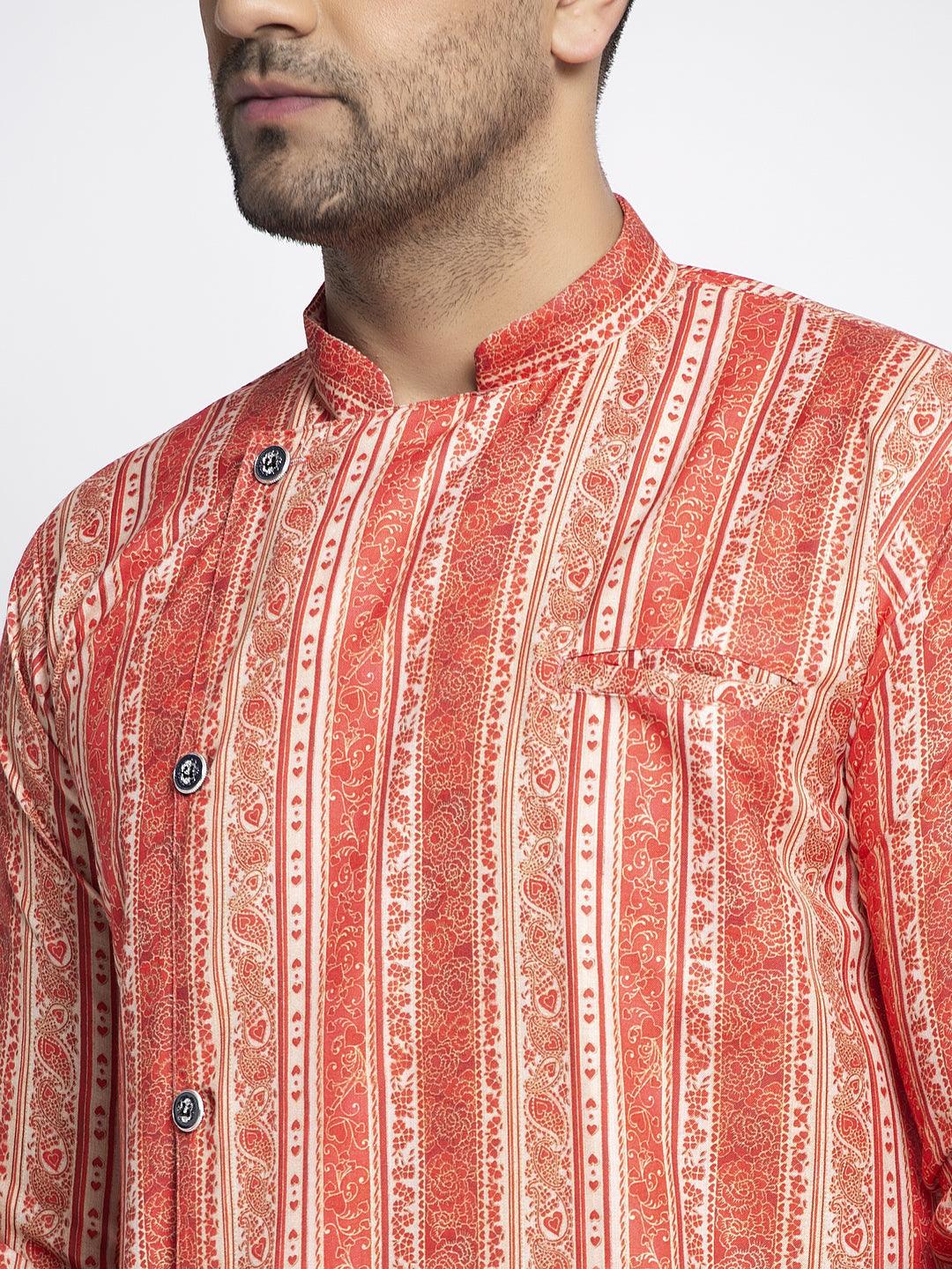 Men's Orange & Beige Printed Short Kurta With White Pyjama - Benstoke - Indiakreations