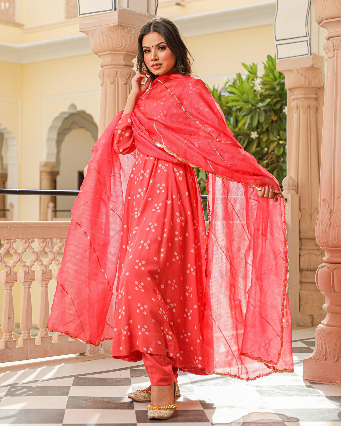 Women's Coral Bandhej Modal Anarkali Kurta Pant Dupatta Set - Baisacrafts - Indiakreations