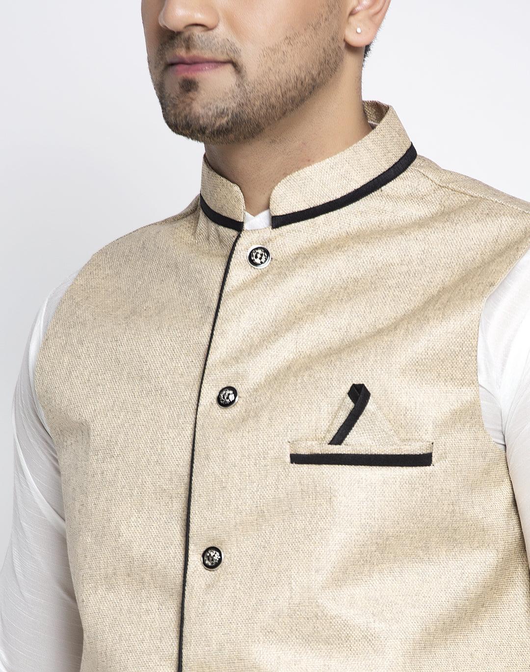 Men's Silk Blend White Kurta With Pyjama & Beige Nehru Jacket - Benstoke - Indiakreations