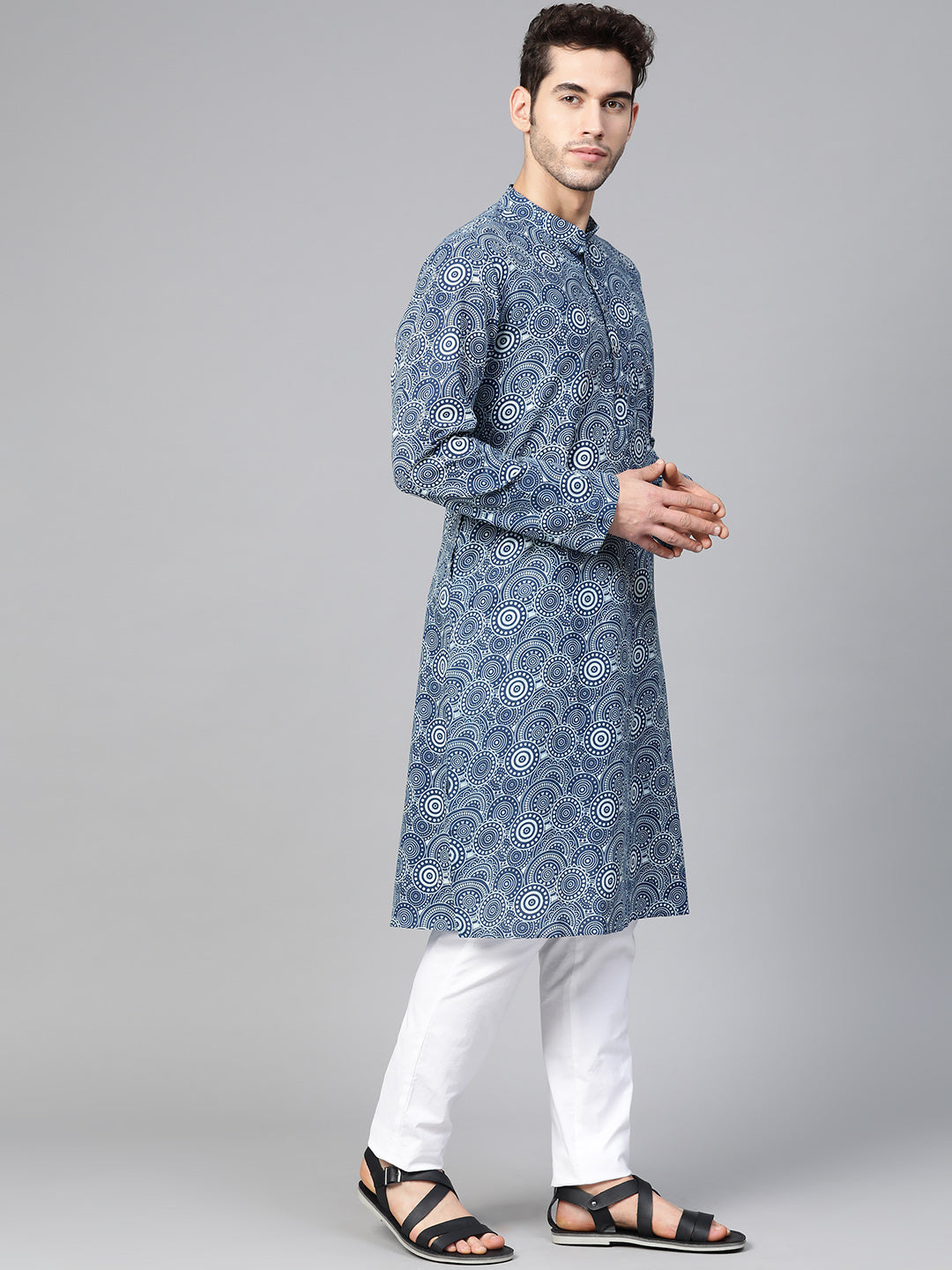 Men's Blue Indigo Hand Block Print Straight Sustainable Kurta With Pyjama - See Designs