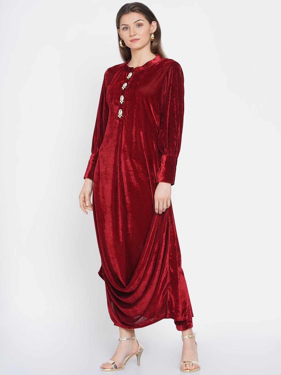 Women's Maroon Velvet Cowl style kurta with pants - Women Republic - Indiakreations