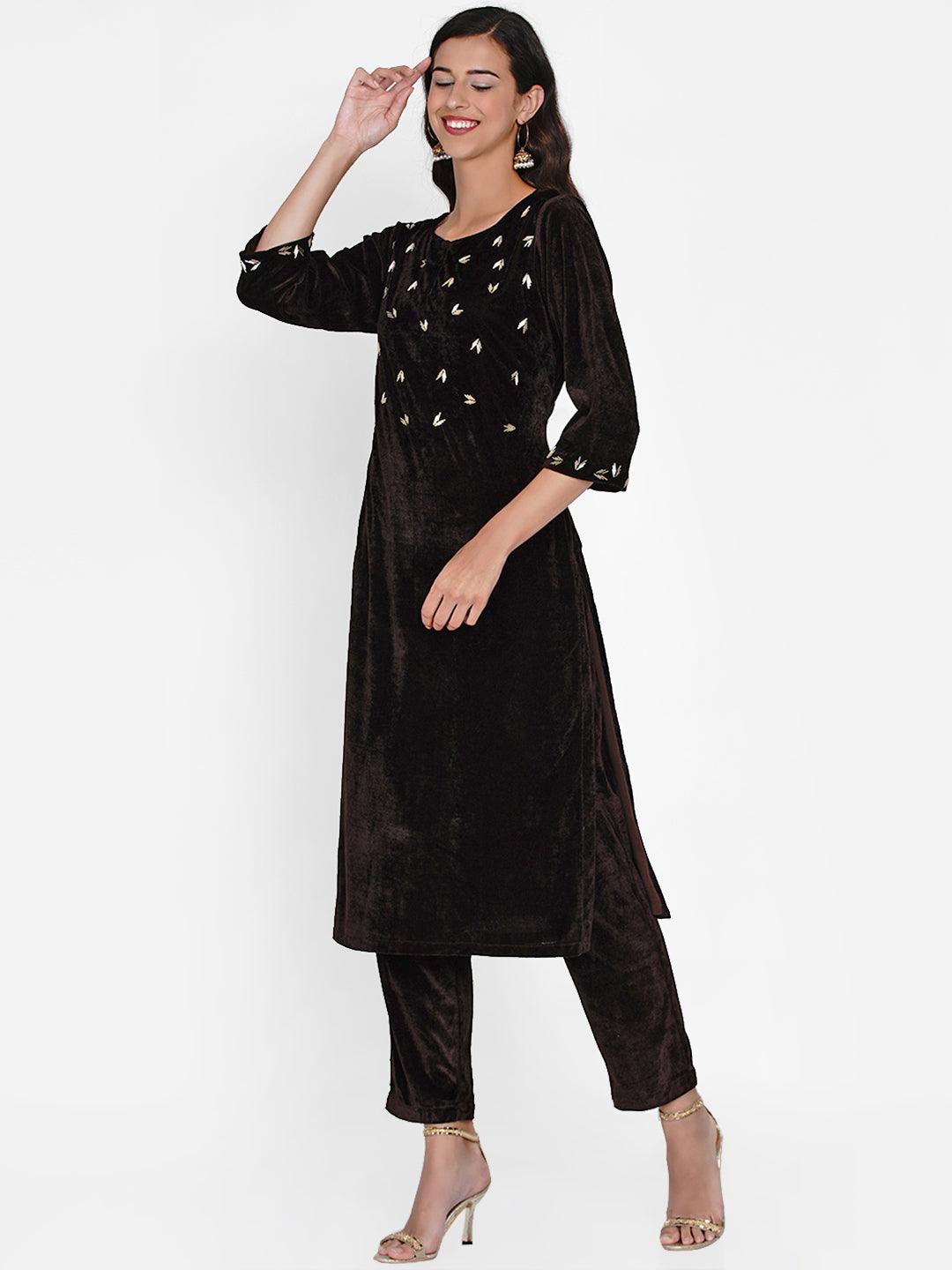 Women's Brown Hand Embellished Velvet Kurta Set - Women Republic - Indiakreations