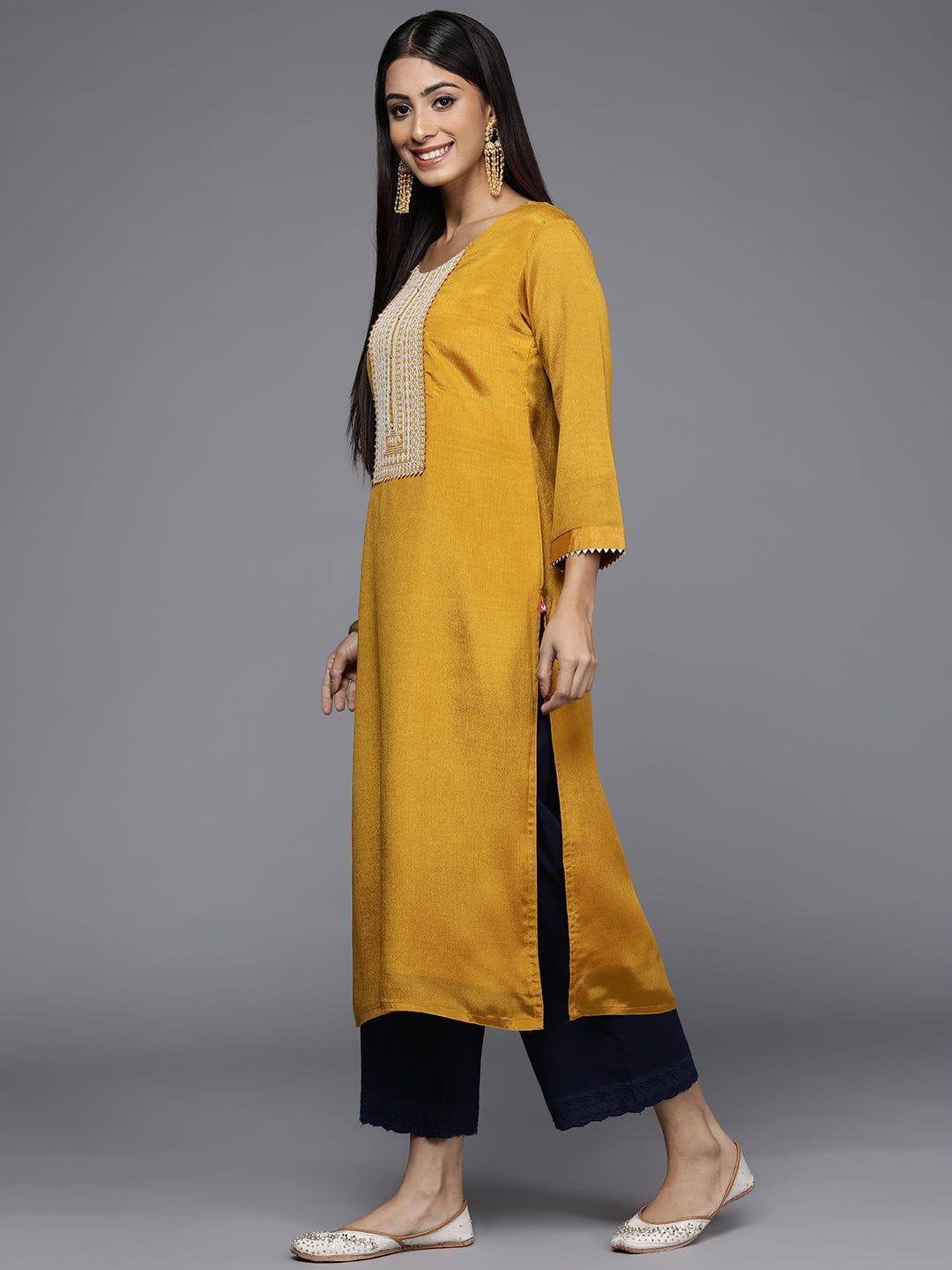 Varanga Women Mustard Yellow Ethnic Motifs Embroidered Gotta Patti Kurta - Indiakreations