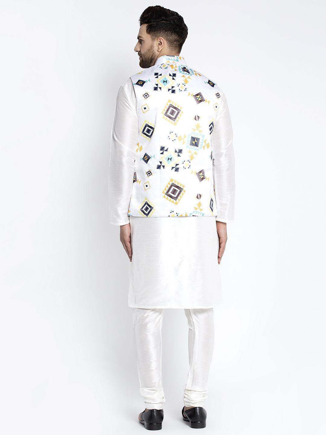 Men's Silk Blend White Kurta With Pyjama & White Printed Nehru Jacket - Benstoke - Indiakreations