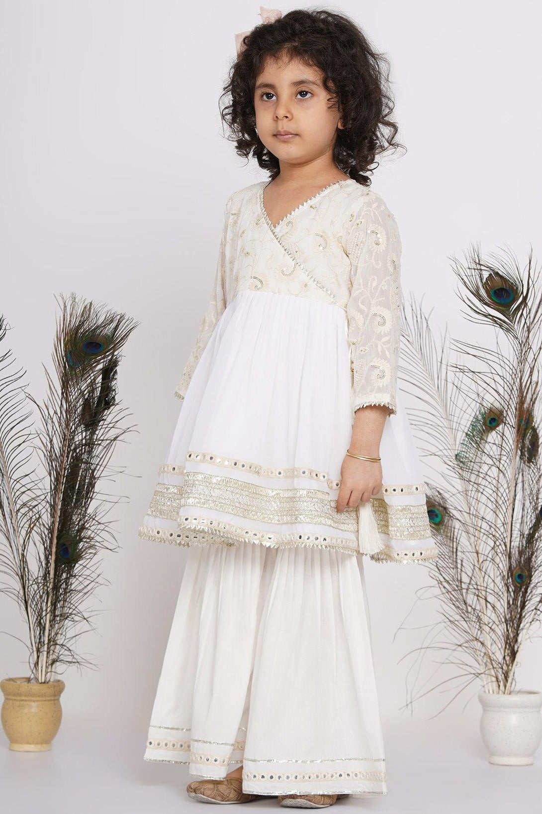 Girl's Cotton Floral Embroidery And Lacework Angrakha Kurta With Sharara And Dupatta - White - Little Bansi Girls - Indiakreations