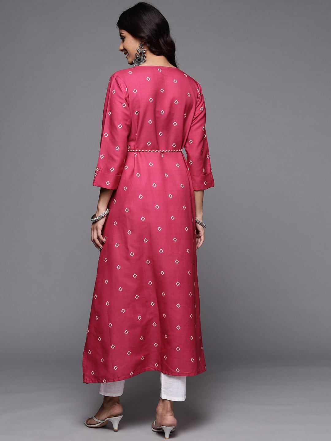 Varanga Women Pink & White Bandhani Printed Thread Work Indie Prints Kurta - Indiakreations