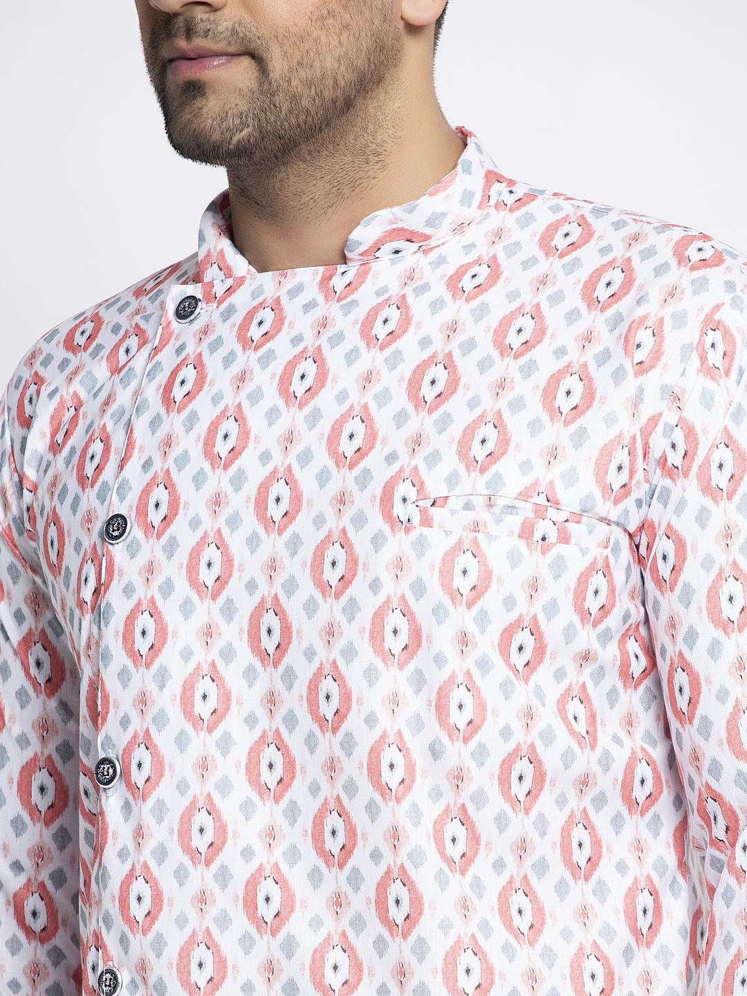 Men's White & Peach Asymmetric Printed Short Kurta - Benstoke - Indiakreations