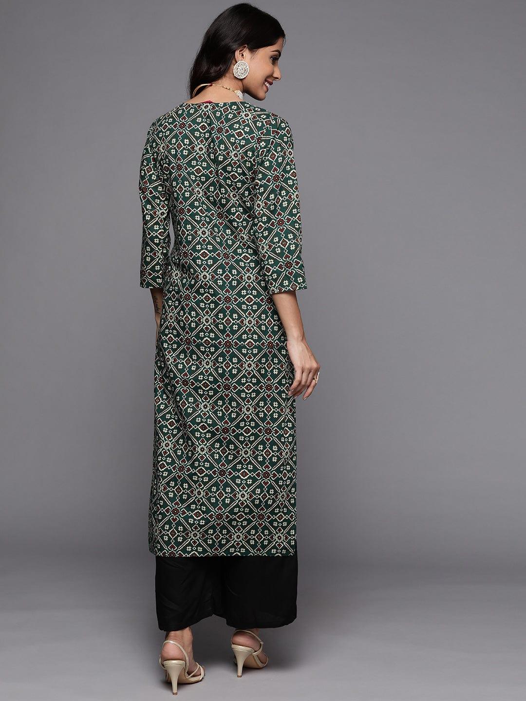 Varanga Women Green & Gold-Toned Ethnic Motifs Printed Thread Work Indie Prints Kurta - Indiakreations