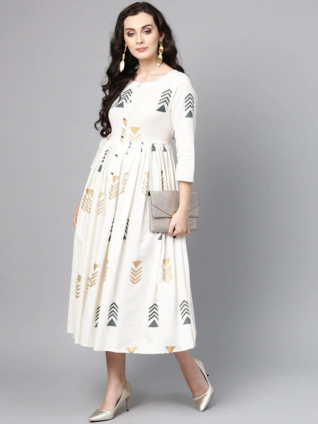 Off-White & Grey Printed Fit and Flare Dress - Indiakreations