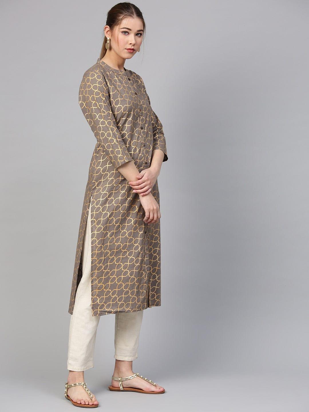 Varanga Women Grey & Golden Printed Straight Kurta - Indiakreations